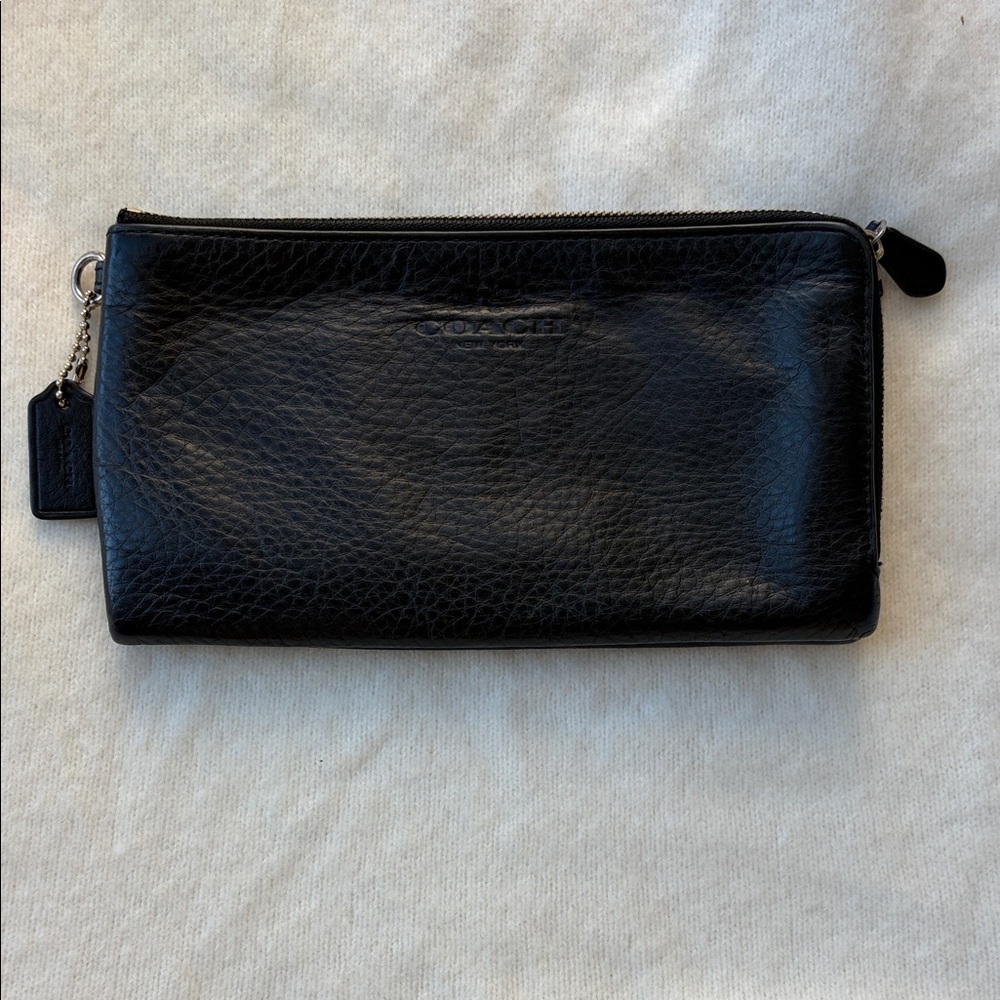 Coach Black Pebbled Leather Zip Around Wallet Clutch